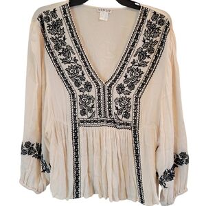 Venus Off White Black Embroidery V-neck Peasant Boho Blouse Top